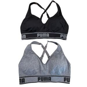 Puma Padded Cross-back Sports Bras Women’s Sz L Black Gray Adjustable Logo Band